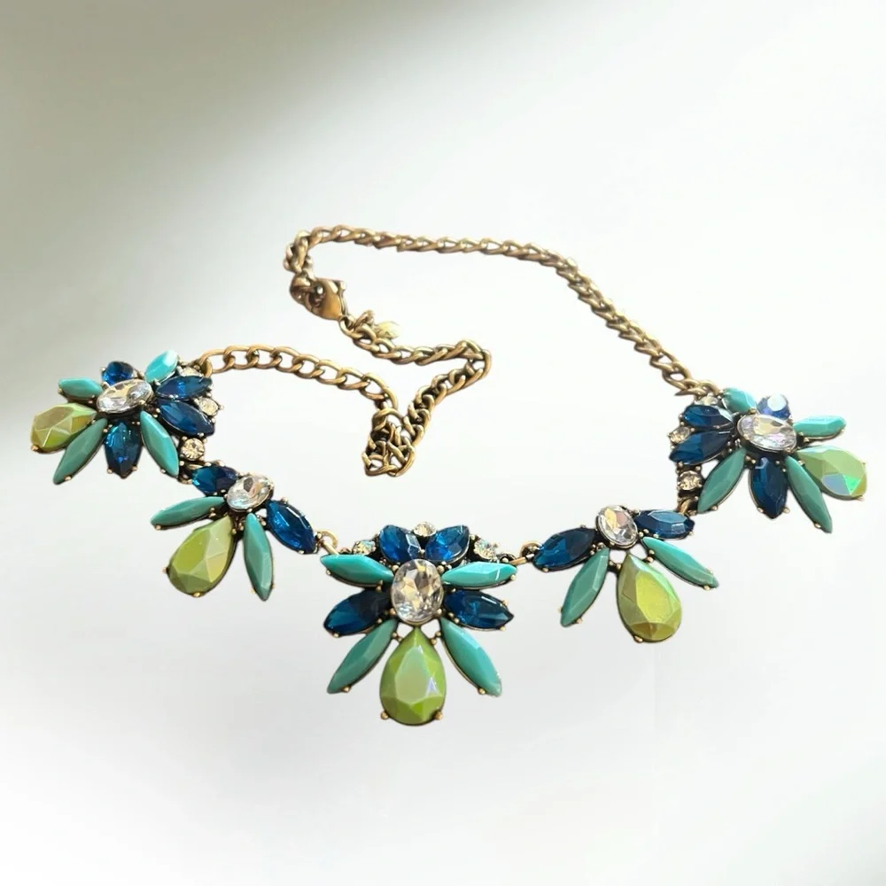 EUC~ J CREW flower Necklace blues and greens w/ Rhinestones